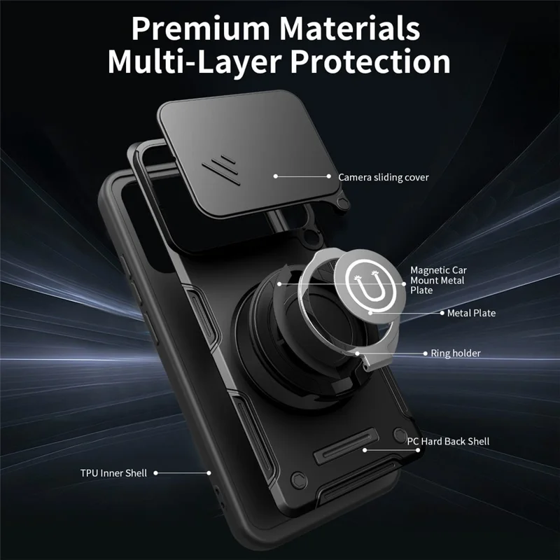 For Xiaomi Poco M8 Power 5G Case with Slide Camera Cover Ring Kickstand PC + TPU Phone Shell - Black