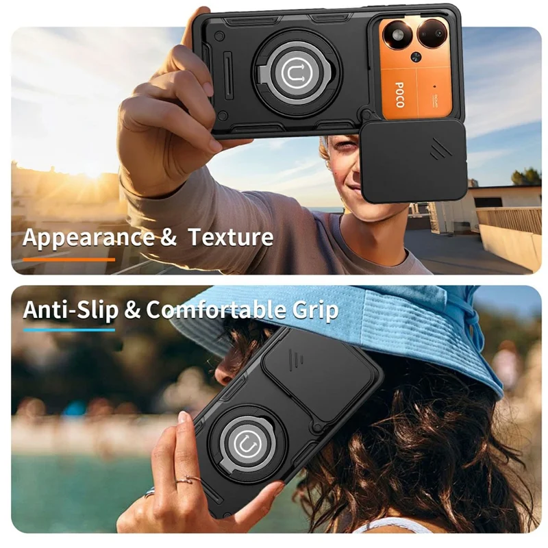 For Xiaomi Poco M8 Power 5G Case with Slide Camera Cover Ring Kickstand PC + TPU Phone Shell - Black