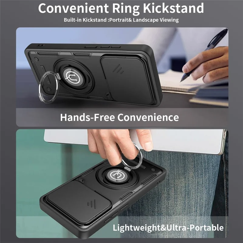 For Xiaomi Poco M8 Power 5G Case with Slide Camera Cover Ring Kickstand PC + TPU Phone Shell - Black