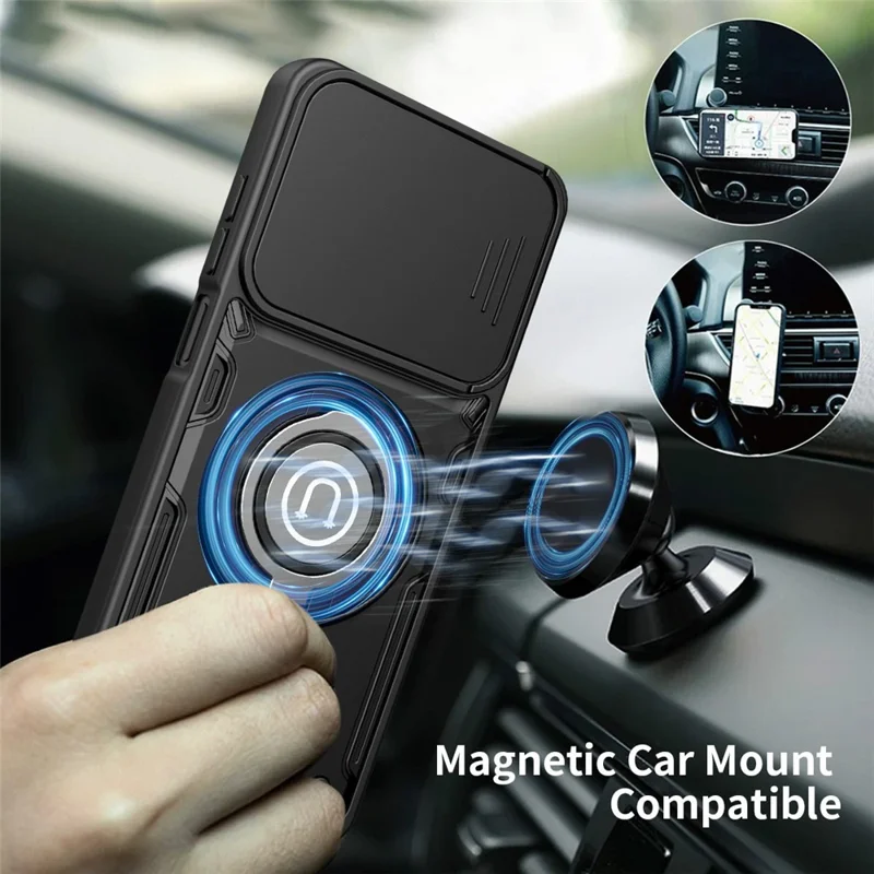 For Xiaomi Redmi 17C 5G Case with Slide Camera Cover Ring Kickstand PC + TPU Phone Shell - Black
