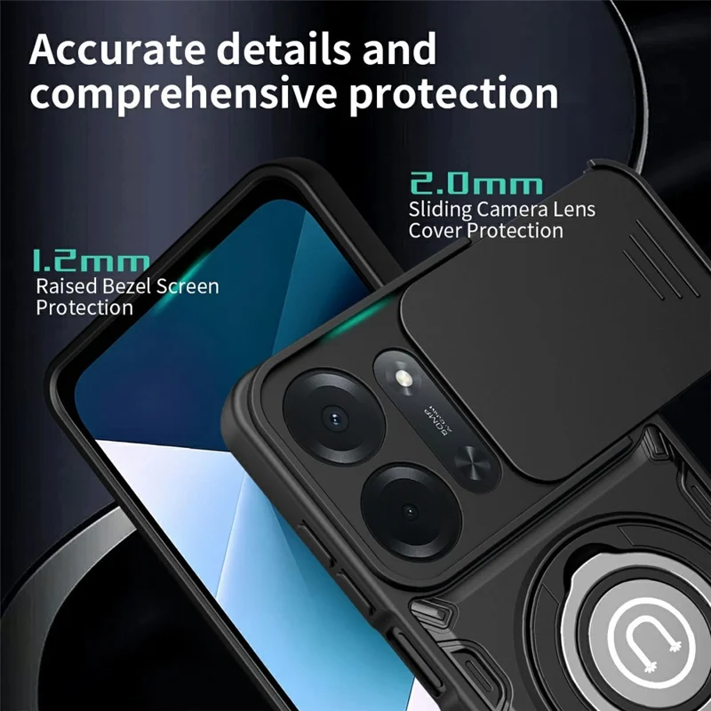 For Xiaomi Redmi 17C 5G Case with Slide Camera Cover Ring Kickstand PC + TPU Phone Shell - Black