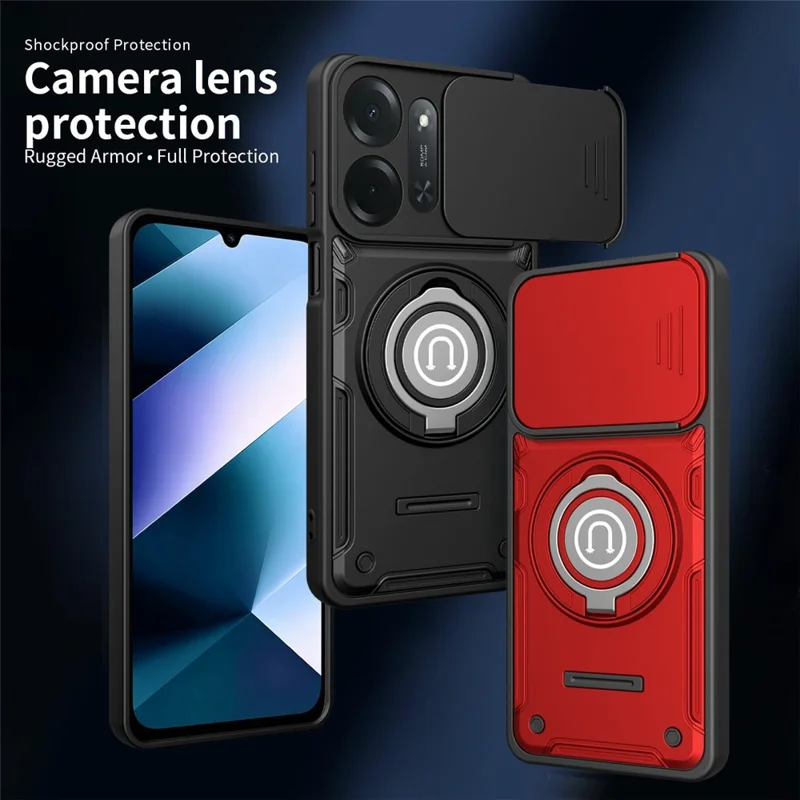 For Xiaomi Redmi 17C 5G Case with Slide Camera Cover Ring Kickstand PC + TPU Phone Shell - Black