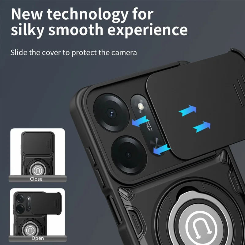 For Xiaomi Redmi 17C 5G Case with Slide Camera Cover Ring Kickstand PC + TPU Phone Shell - Black