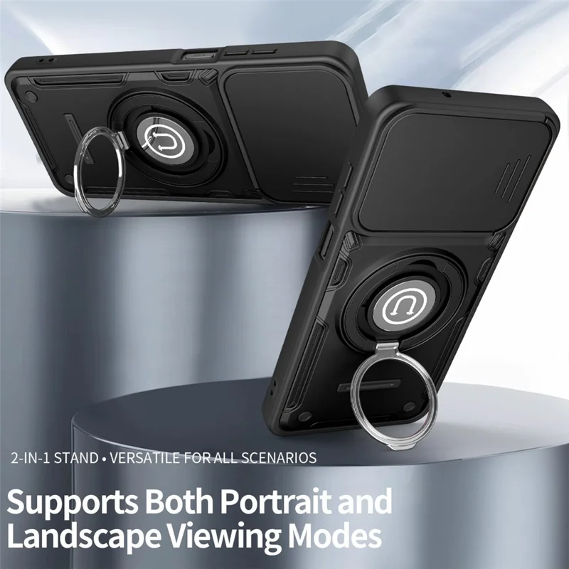 For Xiaomi Redmi 17C 5G Case with Slide Camera Cover Ring Kickstand PC + TPU Phone Shell - Black