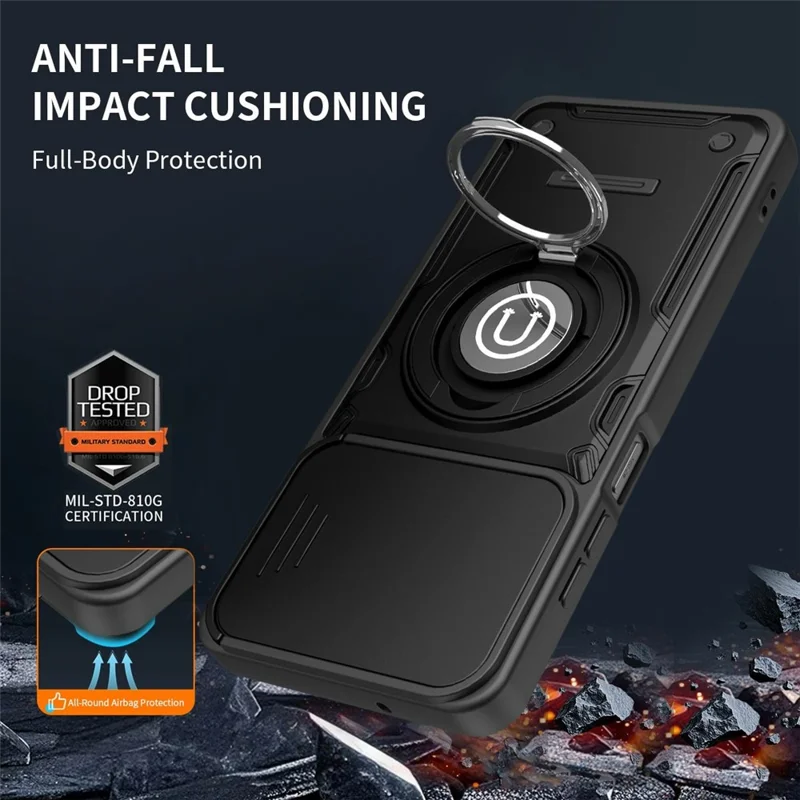 For Xiaomi Redmi 17C 5G Case with Slide Camera Cover Ring Kickstand PC + TPU Phone Shell - Black