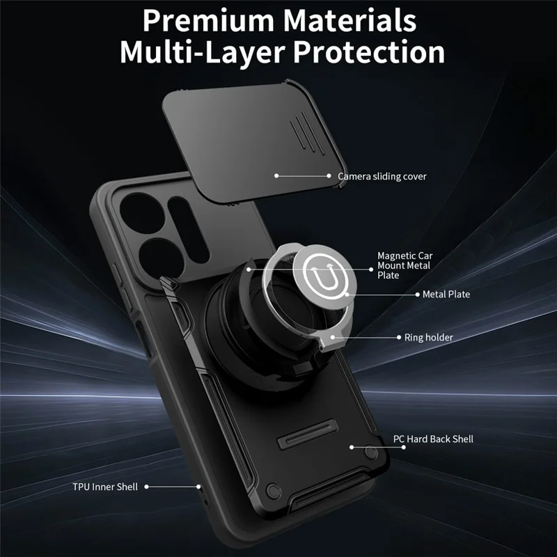 For Xiaomi Redmi 17C 5G Case with Slide Camera Cover Ring Kickstand PC + TPU Phone Shell - Black
