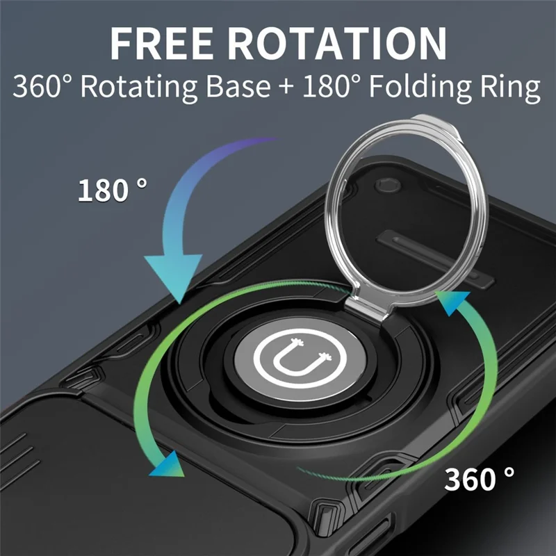 For Xiaomi Redmi 17C 5G Case with Slide Camera Cover Ring Kickstand PC + TPU Phone Shell - Black