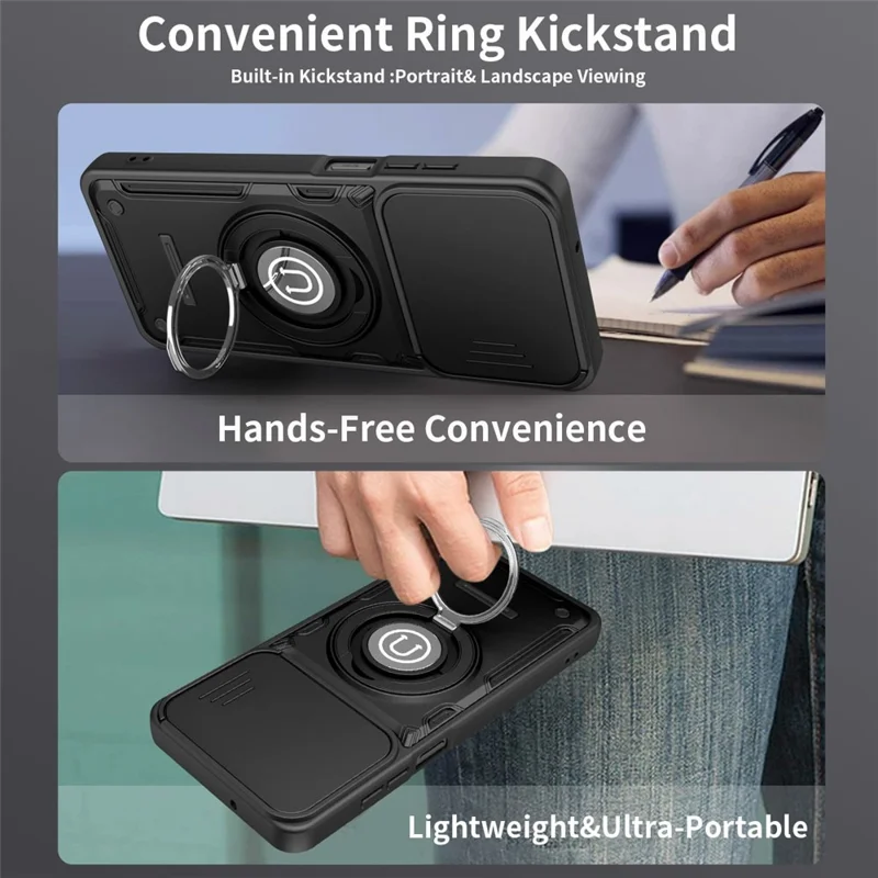 For Xiaomi Redmi 17C 5G Case with Slide Camera Cover Ring Kickstand PC + TPU Phone Shell - Black