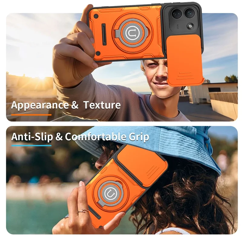 Phone Case with Slide Camera Cover for Xiaomi Redmi Note 17 Pro 5G / Note 17 Pro+ 5G / Note 17 Pro Max 5G , Ring Kickstand PC + TPU Back Shell - Orange
