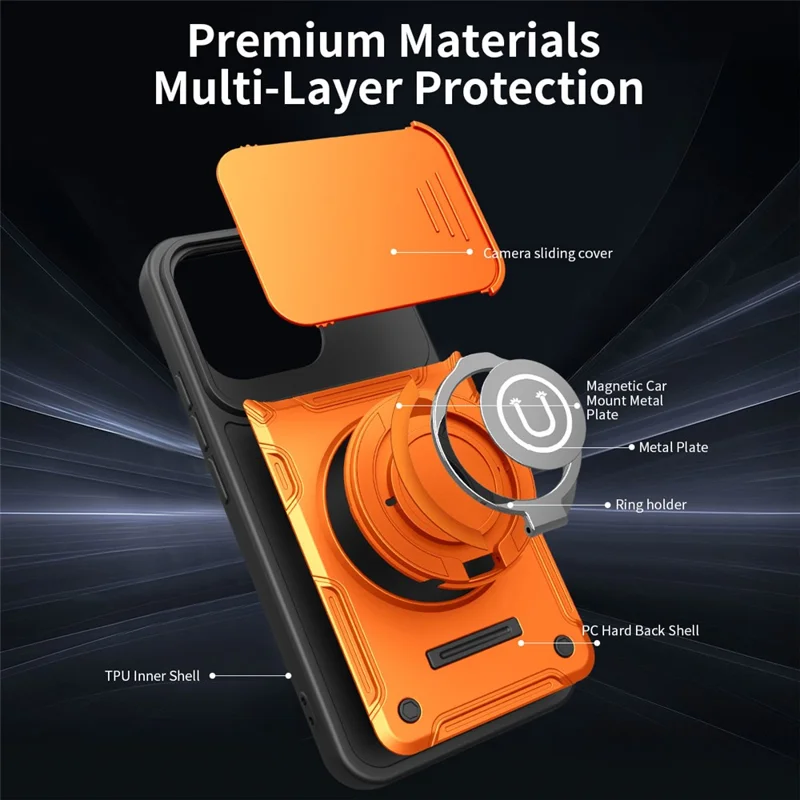 Phone Case with Slide Camera Cover for Xiaomi Redmi Note 17 Pro 5G / Note 17 Pro+ 5G / Note 17 Pro Max 5G , Ring Kickstand PC + TPU Back Shell - Orange