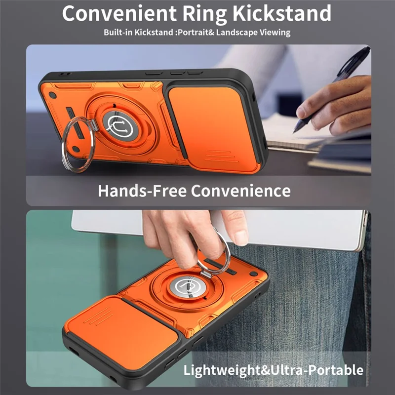 Phone Case with Slide Camera Cover for Xiaomi Redmi Note 17 Pro 5G / Note 17 Pro+ 5G / Note 17 Pro Max 5G , Ring Kickstand PC + TPU Back Shell - Orange