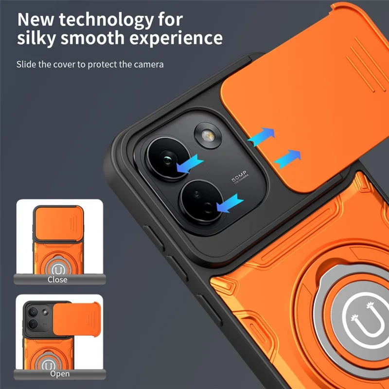 Phone Case with Slide Camera Cover for Xiaomi Redmi Note 17 Pro 5G / Note 17 Pro+ 5G / Note 17 Pro Max 5G , Ring Kickstand PC + TPU Back Shell - Orange
