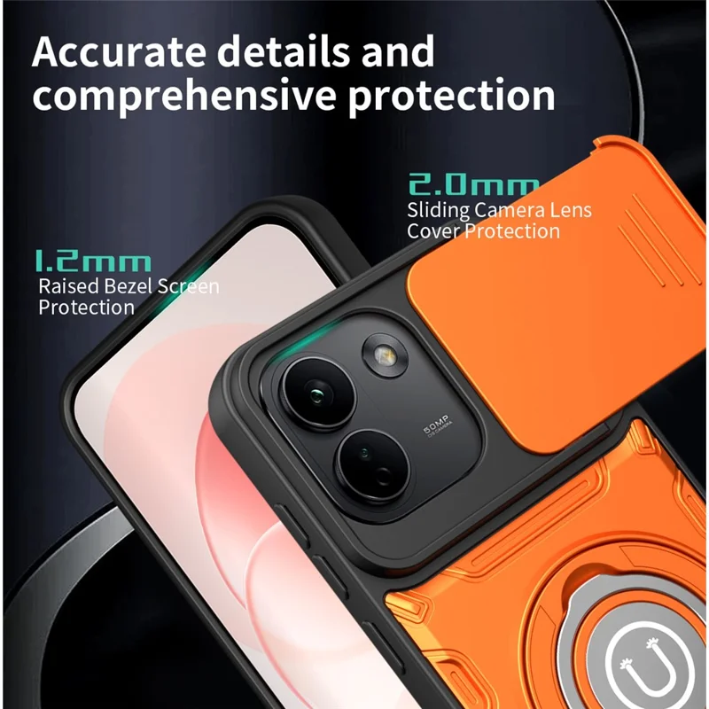 Phone Case with Slide Camera Cover for Xiaomi Redmi Note 17 Pro 5G / Note 17 Pro+ 5G / Note 17 Pro Max 5G , Ring Kickstand PC + TPU Back Shell - Orange