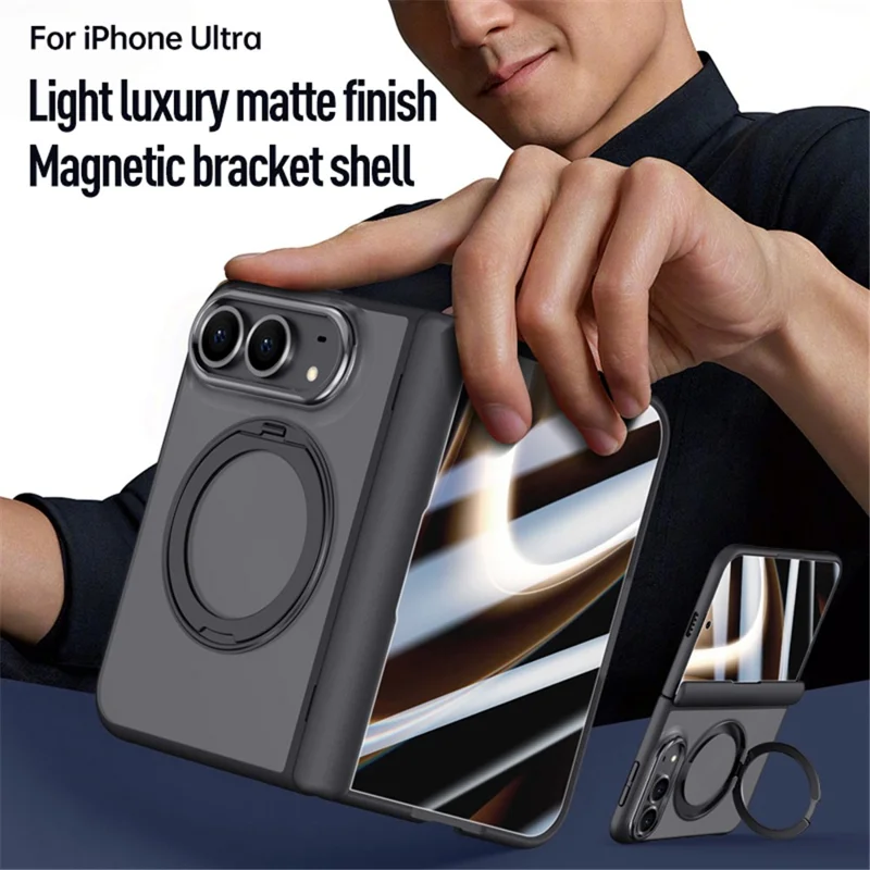 For iPhone Duo Case Magnetic Kickstand PC + TPU Matte Phone Cover with Tempered Glass Screen Protector - Black