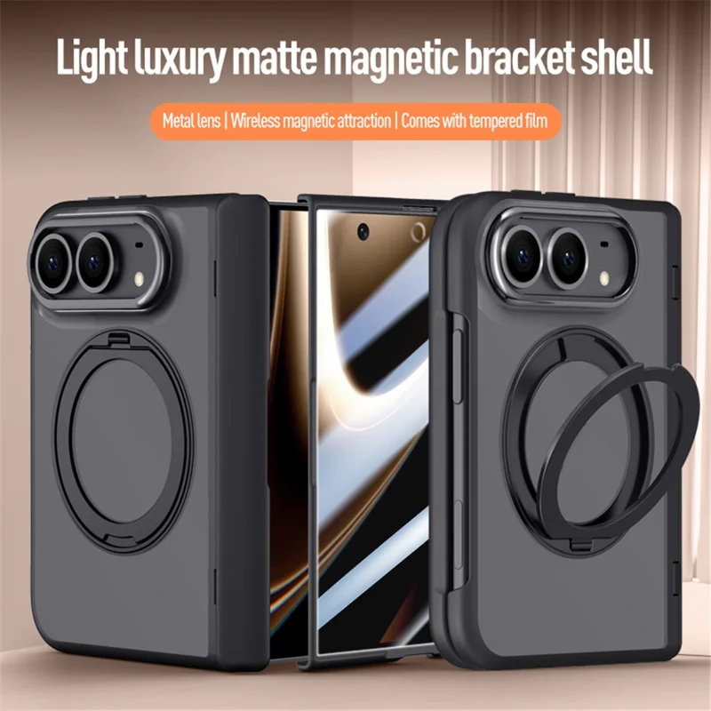For iPhone Duo Case Magnetic Kickstand PC + TPU Matte Phone Cover with Tempered Glass Screen Protector - Black