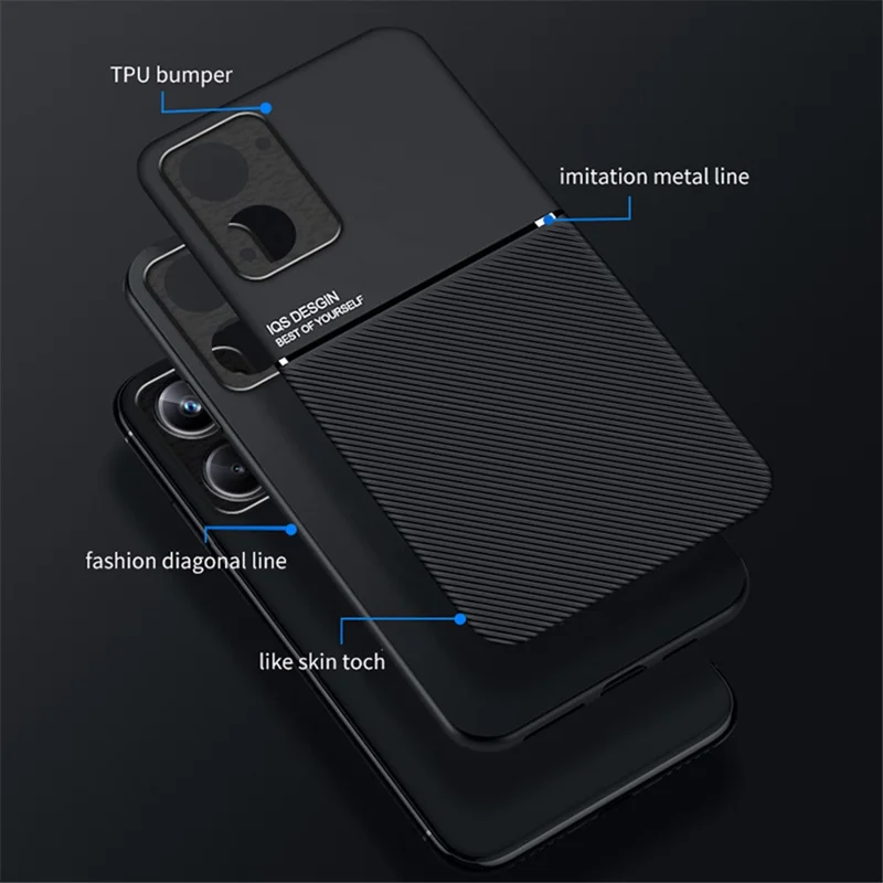 For Realme 10 Pro+ 5G Lines Imprinted Shockproof PU Leather+TPU Phone Case Car Mount Metal Sheet Smartphone Cover - Blue
