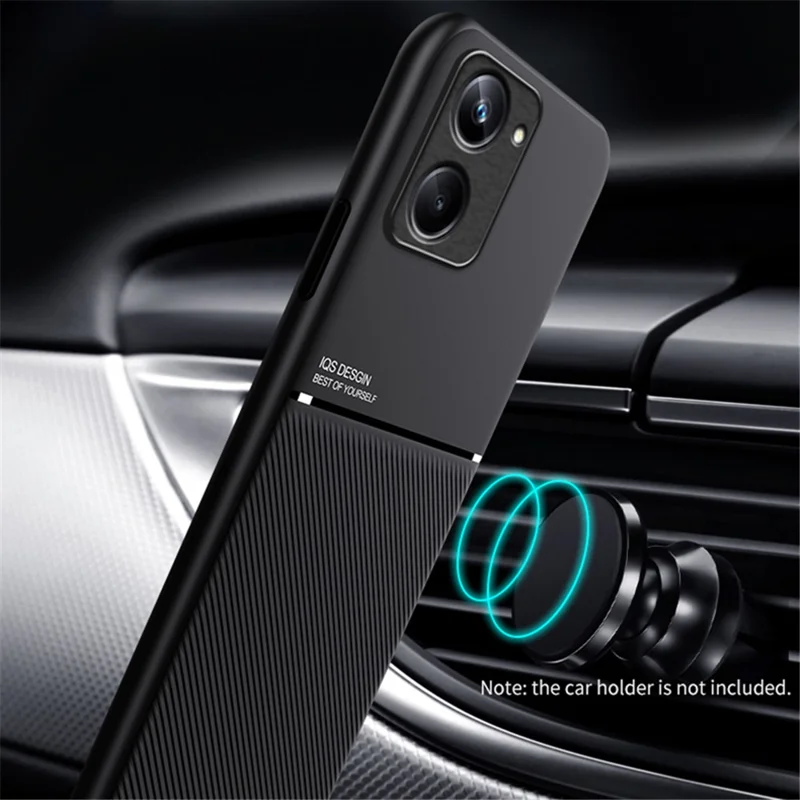 For Realme 10 Pro+ 5G Lines Imprinted Shockproof PU Leather+TPU Phone Case Car Mount Metal Sheet Smartphone Cover - Blue