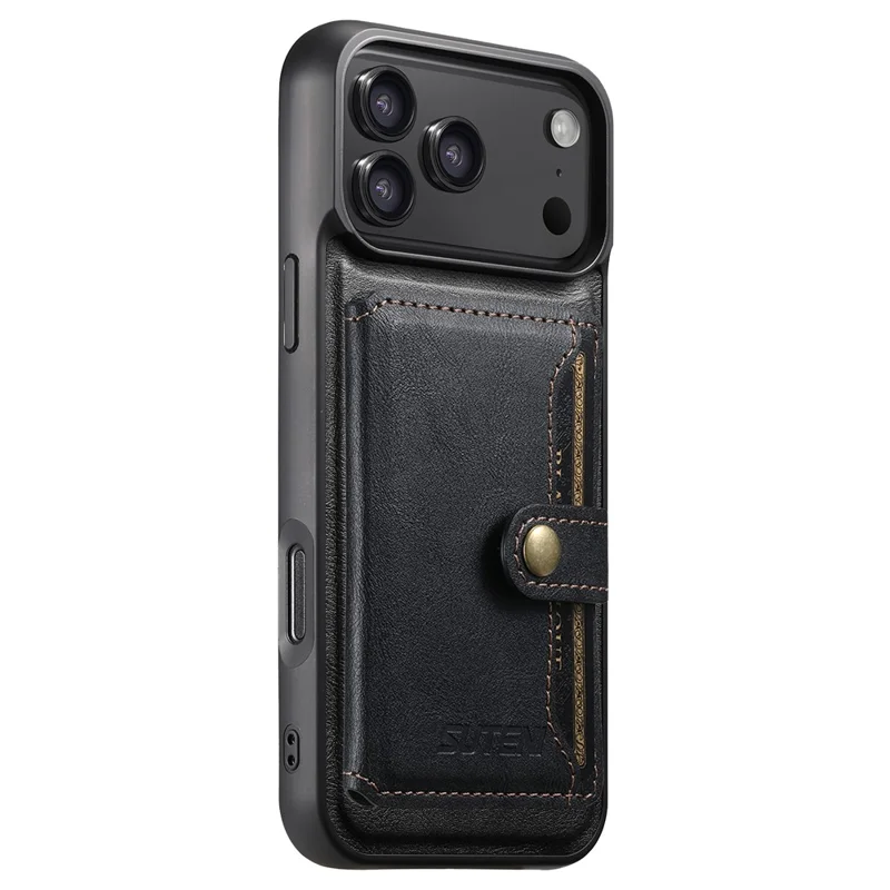 SUTENI M4 for iPhone 18 Pro / 17 Pro Magnetic Case with Card Holder Cowhide Texture Leather Back Cover - Black