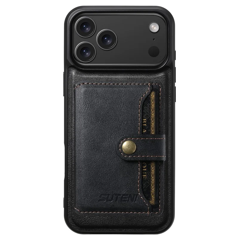 SUTENI M4 for iPhone 18 Pro / 17 Pro Magnetic Case with Card Holder Cowhide Texture Leather Back Cover - Black