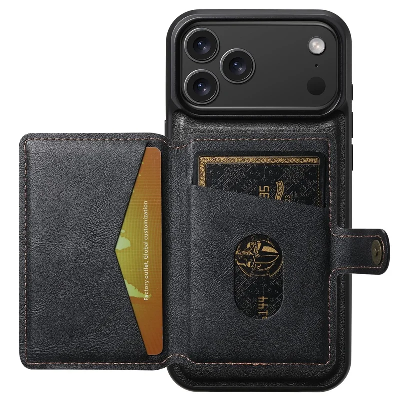 SUTENI M4 for iPhone 18 Pro / 17 Pro Magnetic Case with Card Holder Cowhide Texture Leather Back Cover - Black