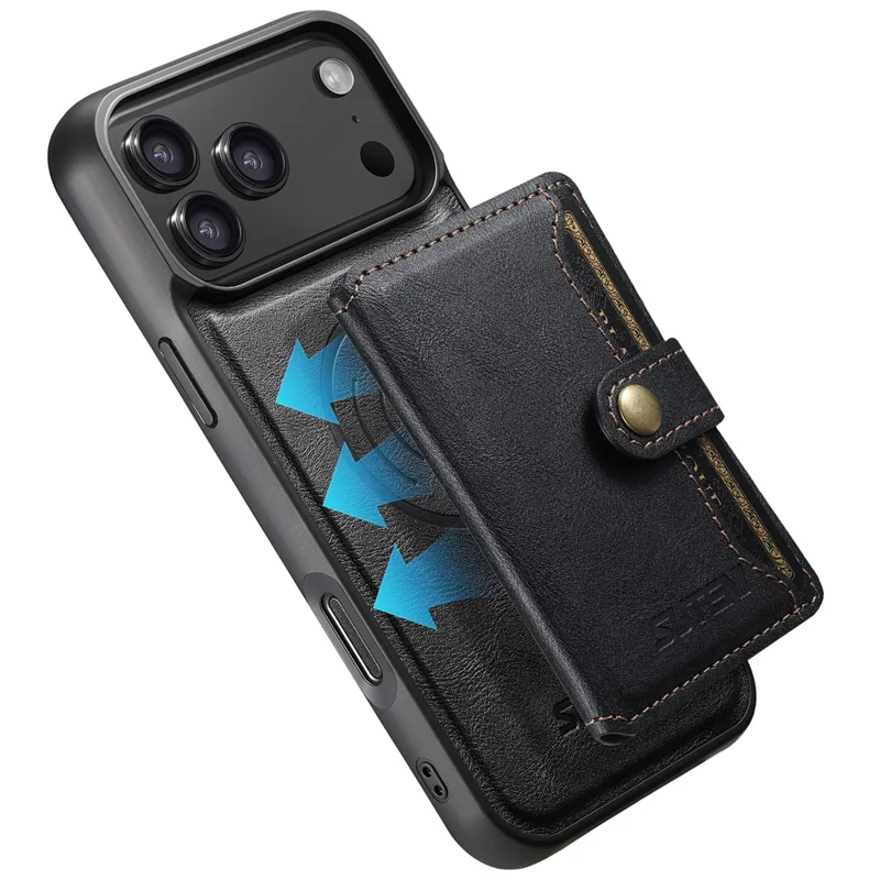 SUTENI M4 for iPhone 18 Pro / 17 Pro Magnetic Case with Card Holder Cowhide Texture Leather Back Cover - Black