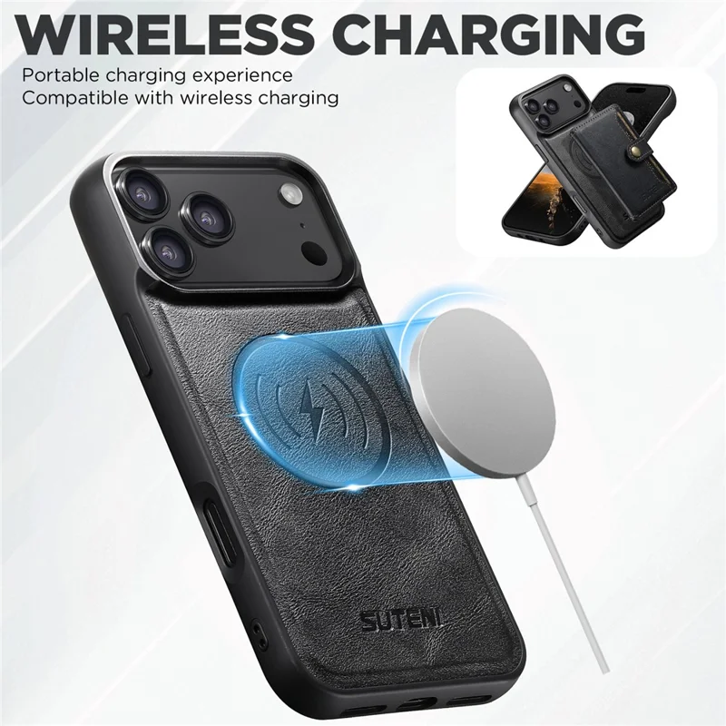 SUTENI M4 for iPhone 18 Pro / 17 Pro Magnetic Case with Card Holder Cowhide Texture Leather Back Cover - Black