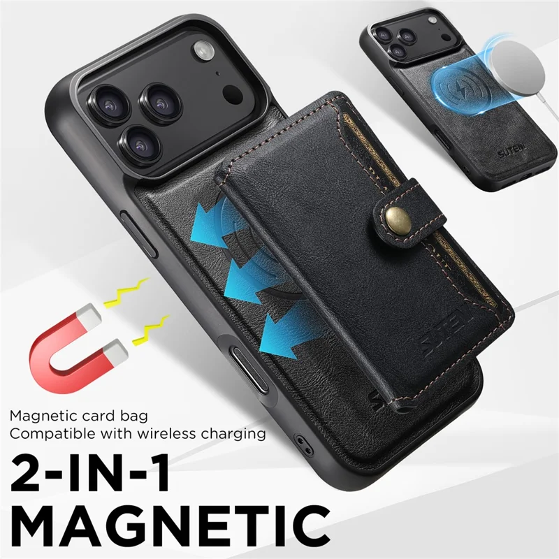 SUTENI M4 for iPhone 18 Pro / 17 Pro Magnetic Case with Card Holder Cowhide Texture Leather Back Cover - Black