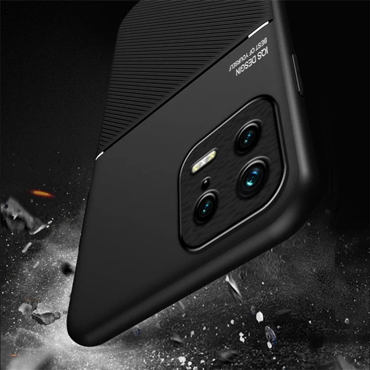 Concha Posterior Para Xiaomi 13 5G, Líneas de Prueba de Caída Impresas de Cuero Pu+tpu Tele Case de Automóviles Montaje de Metal Cubierta de Teléfono Inteligente - Negro