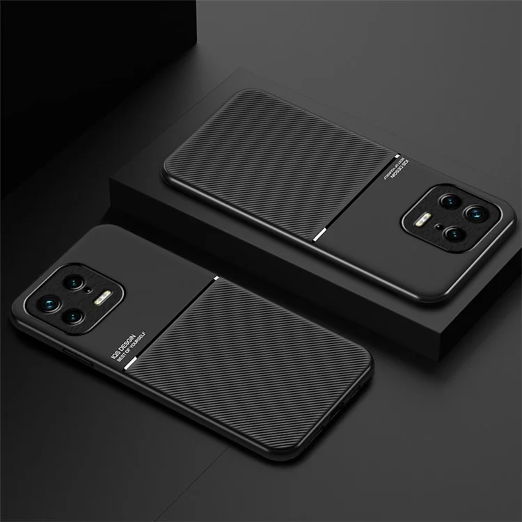 Concha Posterior Para Xiaomi 13 5G, Líneas de Prueba de Caída Impresas de Cuero Pu+tpu Tele Case de Automóviles Montaje de Metal Cubierta de Teléfono Inteligente - Negro