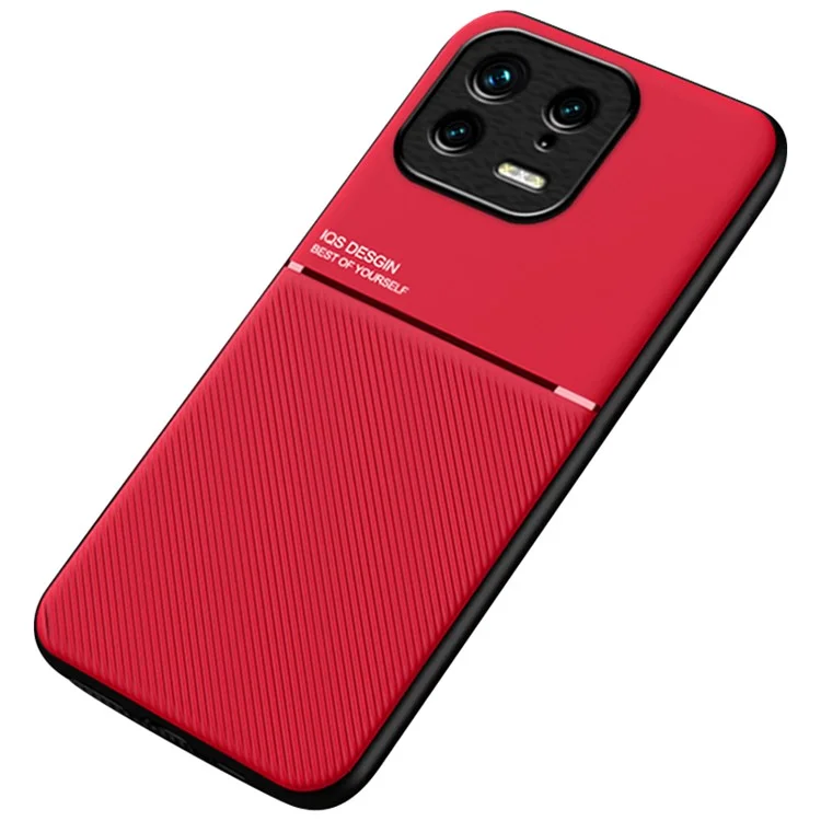 Задняя панель для Xiaomi 13 5G, ударопрочные линии с тиснением из искусственной кожи + TPU Чехол для телефона Автомобильное крепление Металлический лист Чехол для смартфона - Красный