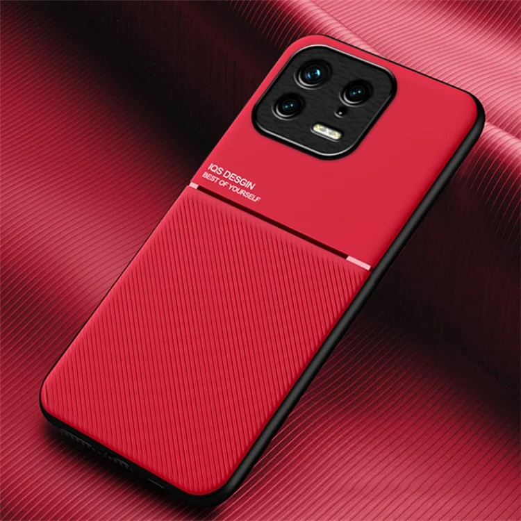 Задняя панель для Xiaomi 13 5G, ударопрочные линии с тиснением из искусственной кожи + TPU Чехол для телефона Автомобильное крепление Металлический лист Чехол для смартфона - Красный