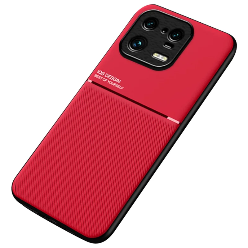 Back Shell for Xiaomi 13 Pro 5G, Bump Proof Lines Imprinted PU Leather+TPU Phone Case Car Mount Metal Sheet Smartphone Cover - Red