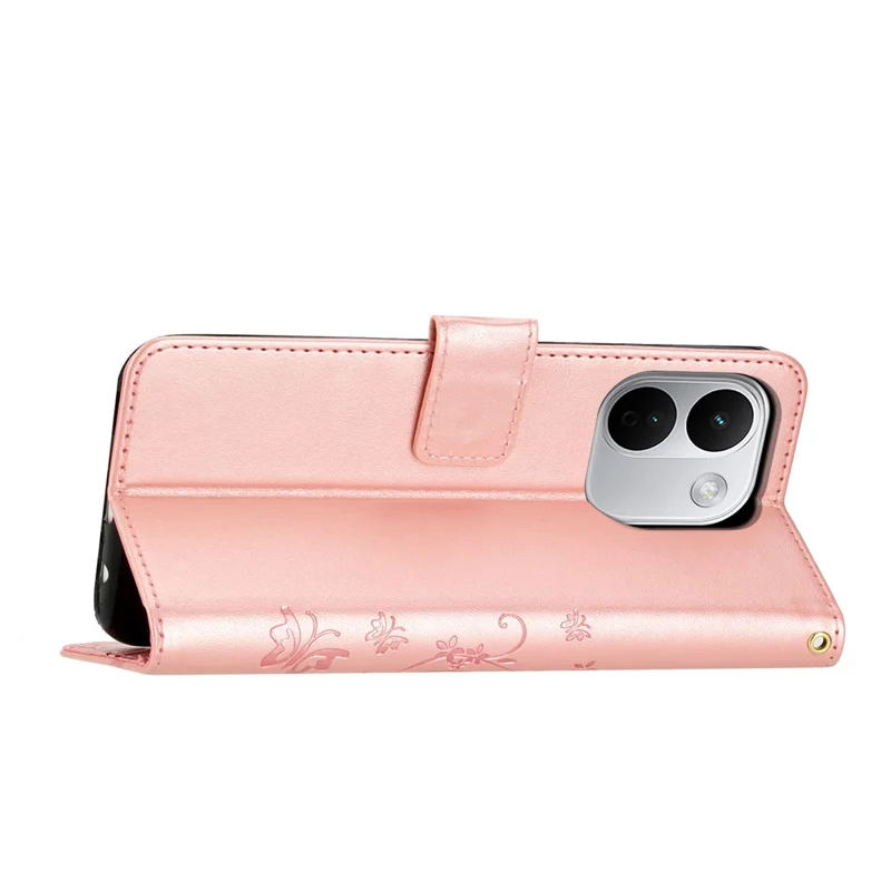 For Xiaomi Redmi Note 17 Pro+ 5G Leather Wallet Case Butterfly Flower Imprinted Phone Cover with Strap - Rose Gold