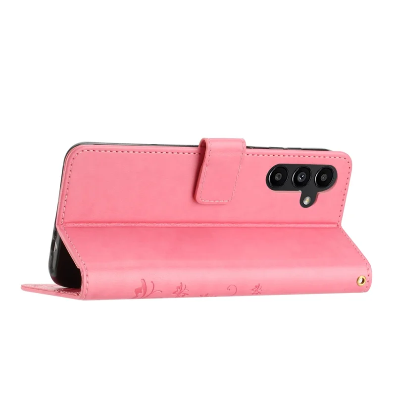 For Samsung Galaxy S27 Leather Wallet Case Butterfly Flower Imprinted Phone Cover with Strap - Pink