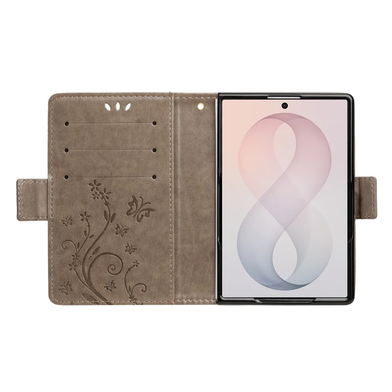 For iPhone Duo Leather Wallet Case Butterfly Flower Imprinted Phone Cover with Strap - Grey