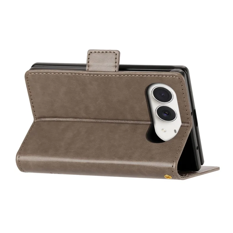 For iPhone Duo Leather Wallet Case Butterfly Flower Imprinted Phone Cover with Strap - Grey