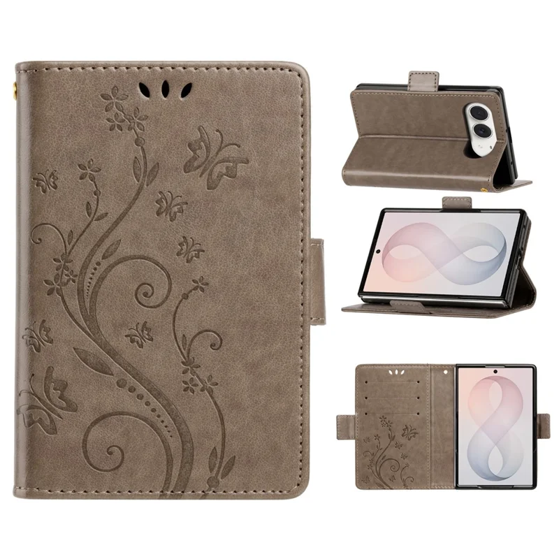 For iPhone Duo Leather Wallet Case Butterfly Flower Imprinted Phone Cover with Strap - Grey