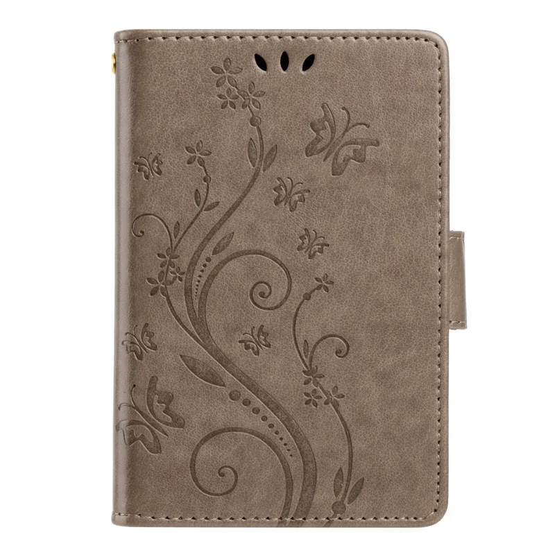 For iPhone Duo Leather Wallet Case Butterfly Flower Imprinted Phone Cover with Strap - Grey