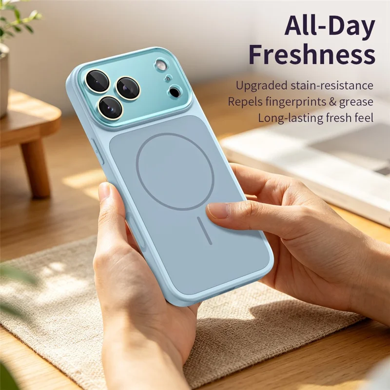 For iPhone 18 Pro / 17 Pro Magnetic Case TPU + Liquid Silicone Full Lens Coverage Protection Phone Cover - Sky Blue