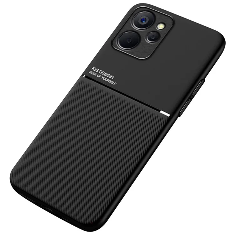 Back Shell for Realme 10 5G / 9i 5G, Lines Imprinted PU Leather+TPU Shock Absorbing Phone Case Car Mount Metal Sheet Smartphone Cover - Black