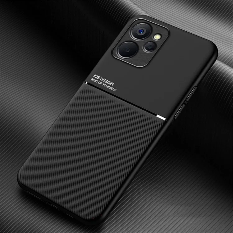 Back Shell for Realme 10 5G / 9i 5G, Lines Imprinted PU Leather+TPU Shock Absorbing Phone Case Car Mount Metal Sheet Smartphone Cover - Black