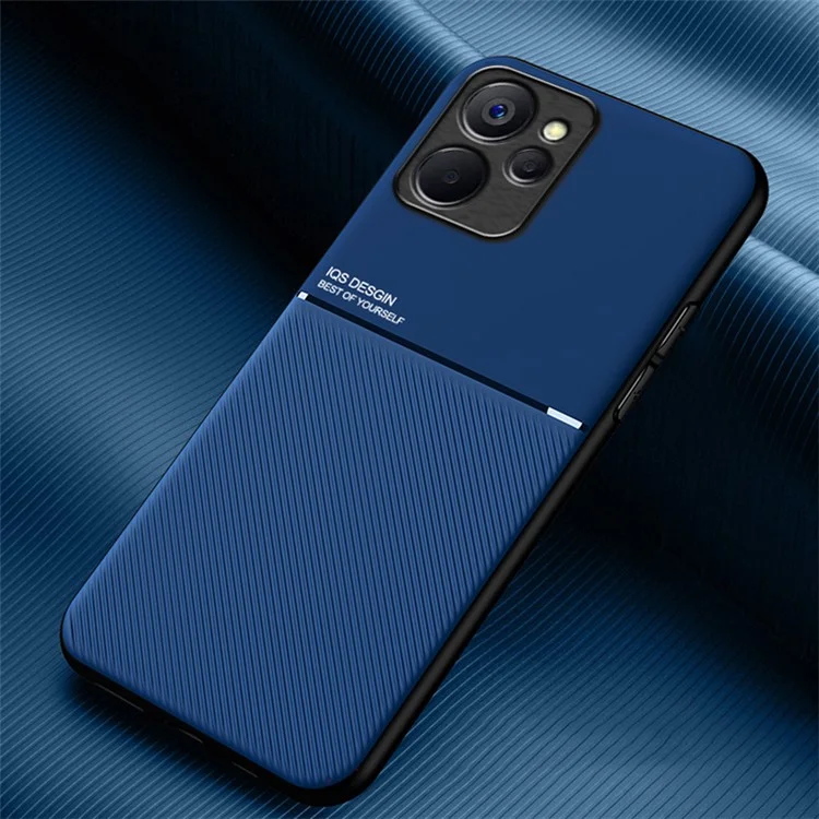 Back Shell for Realme 10 5G / 9i 5G, Lines Imprinted PU Leather+TPU Shock Absorbing Phone Case Car Mount Metal Sheet Smartphone Cover - Blue