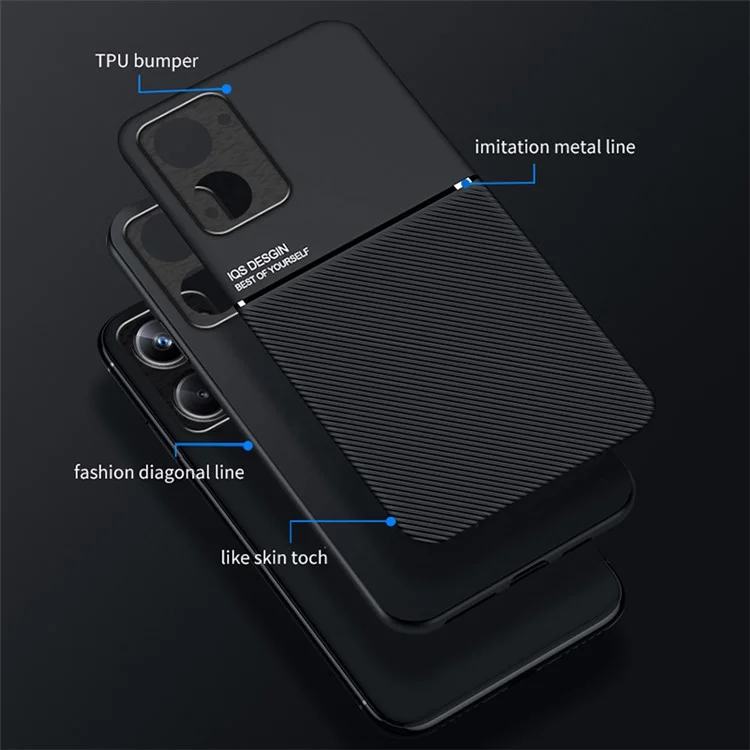 Back Shell for Realme 10 5G / 9i 5G, Lines Imprinted PU Leather+TPU Shock Absorbing Phone Case Car Mount Metal Sheet Smartphone Cover - Blue