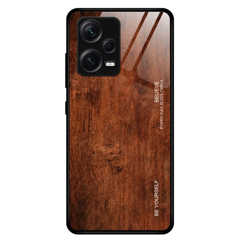 Per Xiaomi Redmi Note 12 Pro+ 5G Protezione Posteriore Custodia Telefonica in Vetro Temperato con Motivo in Legno Resistente agli Urti - Caffè