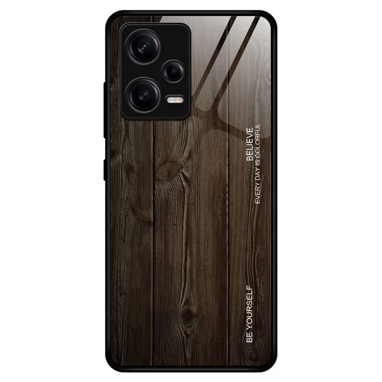 For Xiaomi Redmi Note 12 Pro 5G PU Leather Stand Wallet Cover with Strap Shock-absorbing Back Protector Wooden Pattern Tempered Glass Shell Phone Case TPU Frame Protective Cover - Black
