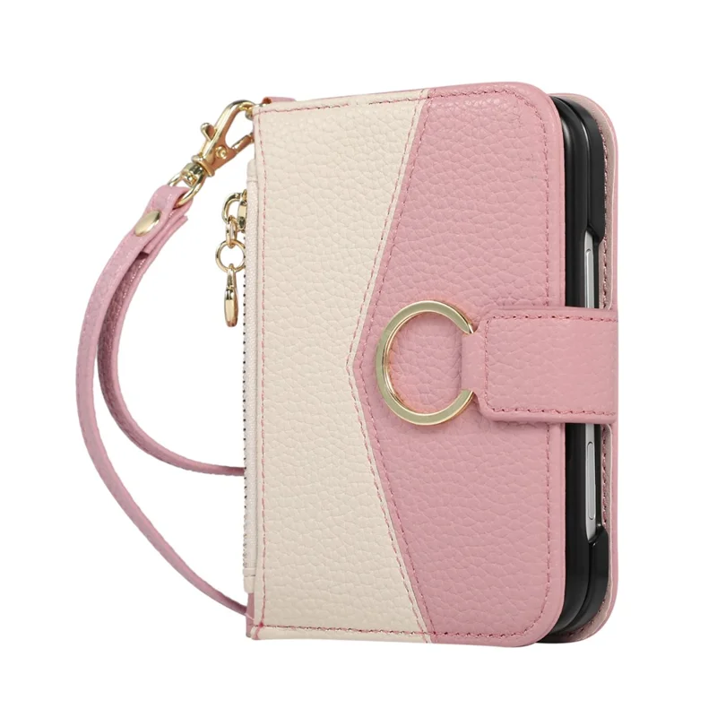 For iPhone Duo Wallet Case Triangular Splicing Zipper Leather Phone Cover with Wrist Strap - Pink