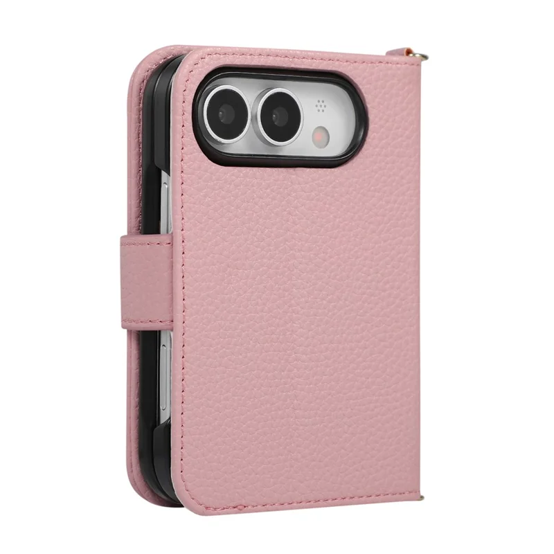 For iPhone Duo Wallet Case Triangular Splicing Zipper Leather Phone Cover with Wrist Strap - Pink