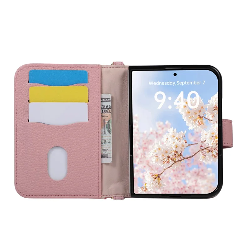 For iPhone Duo Wallet Case Triangular Splicing Zipper Leather Phone Cover with Wrist Strap - Pink