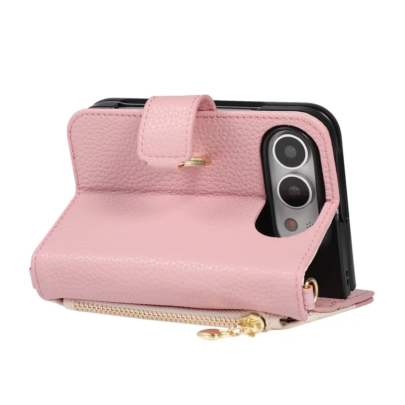 For iPhone Duo Wallet Case Triangular Splicing Zipper Leather Phone Cover with Wrist Strap - Pink