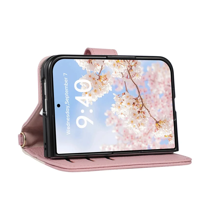 For iPhone Duo Wallet Case Triangular Splicing Zipper Leather Phone Cover with Wrist Strap - Pink